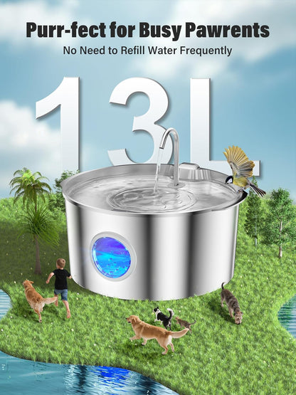 3.4Gal Dog Water Fountain for Large Dogs, Extra Large Stainless Steel Pet Water Fountain, Round Dog