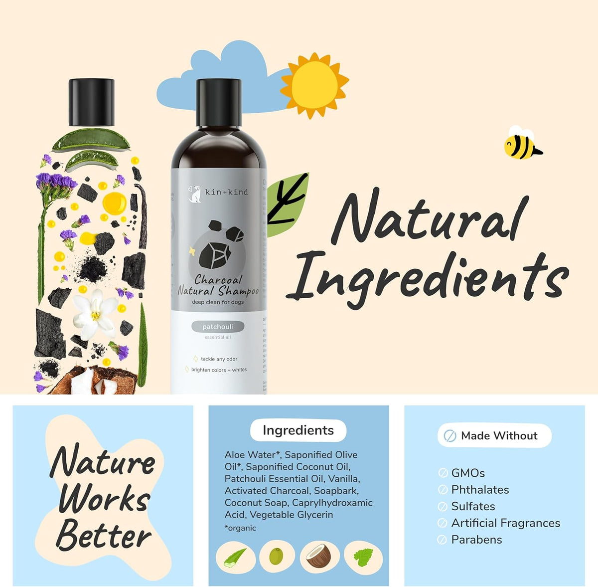 kin+kind Dog Shampoo - Deep Clean, Dirt & Odor Remover w/Activated Charcoal for Dogs, Gentle