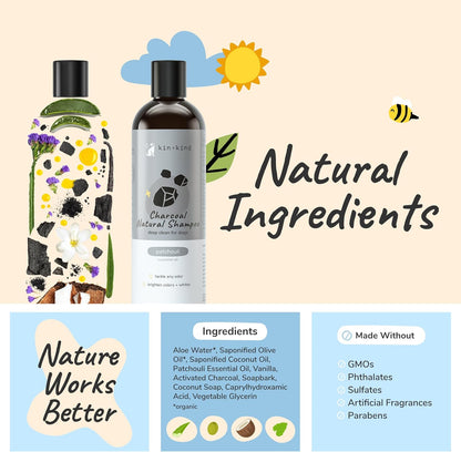 kin+kind Dog Shampoo - Deep Clean, Dirt & Odor Remover w/Activated Charcoal for Dogs, Gentle