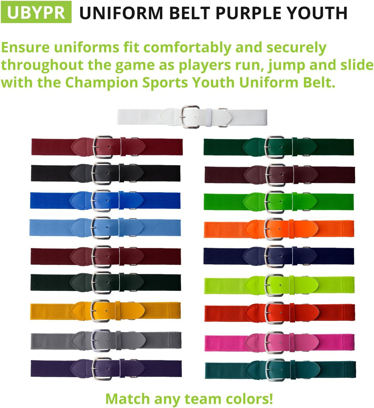Champion Sports Baseball/Softball Uniform Belt, Comfort Stretch Fit Durable Syntex Tab - Youth &