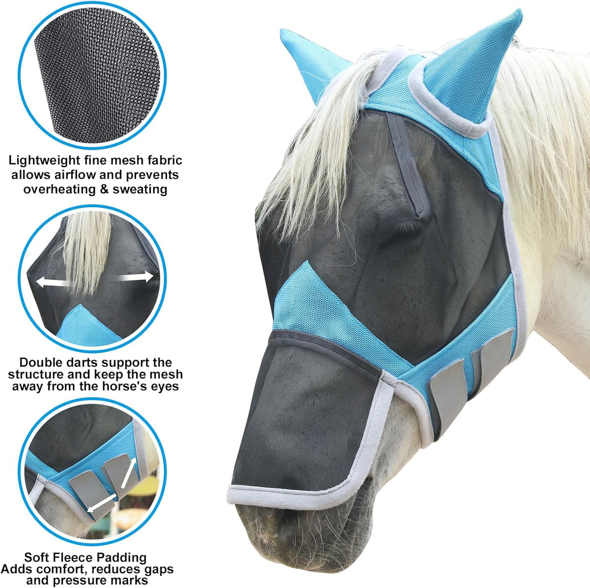 Horse Fly Mask with Ears & Long Nose Cover | Forelock Opening for Tangle-Free Mane Care | UV