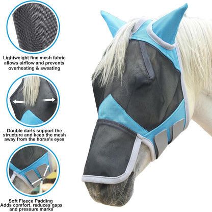 Horse Fly Mask with Ears & Long Nose Cover | Forelock Opening for Tangle-Free Mane Care | UV