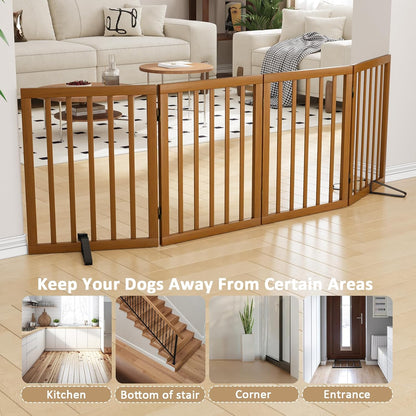 Freestanding Pet Gate Foldable 4 Panel Dog Gate Walnut Dog Gates for Stair Doorways House Indoor (2
