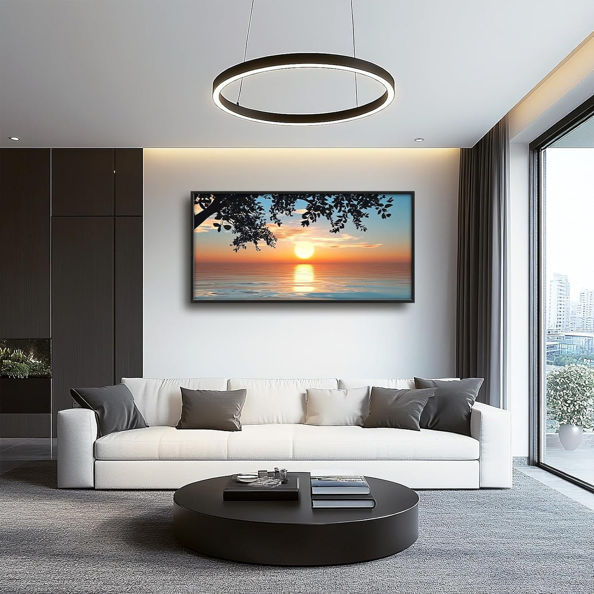 Framed Large Lake Sunset Wall Art, Oversized Natural Landscape Wall Decor for Living Room, Tree