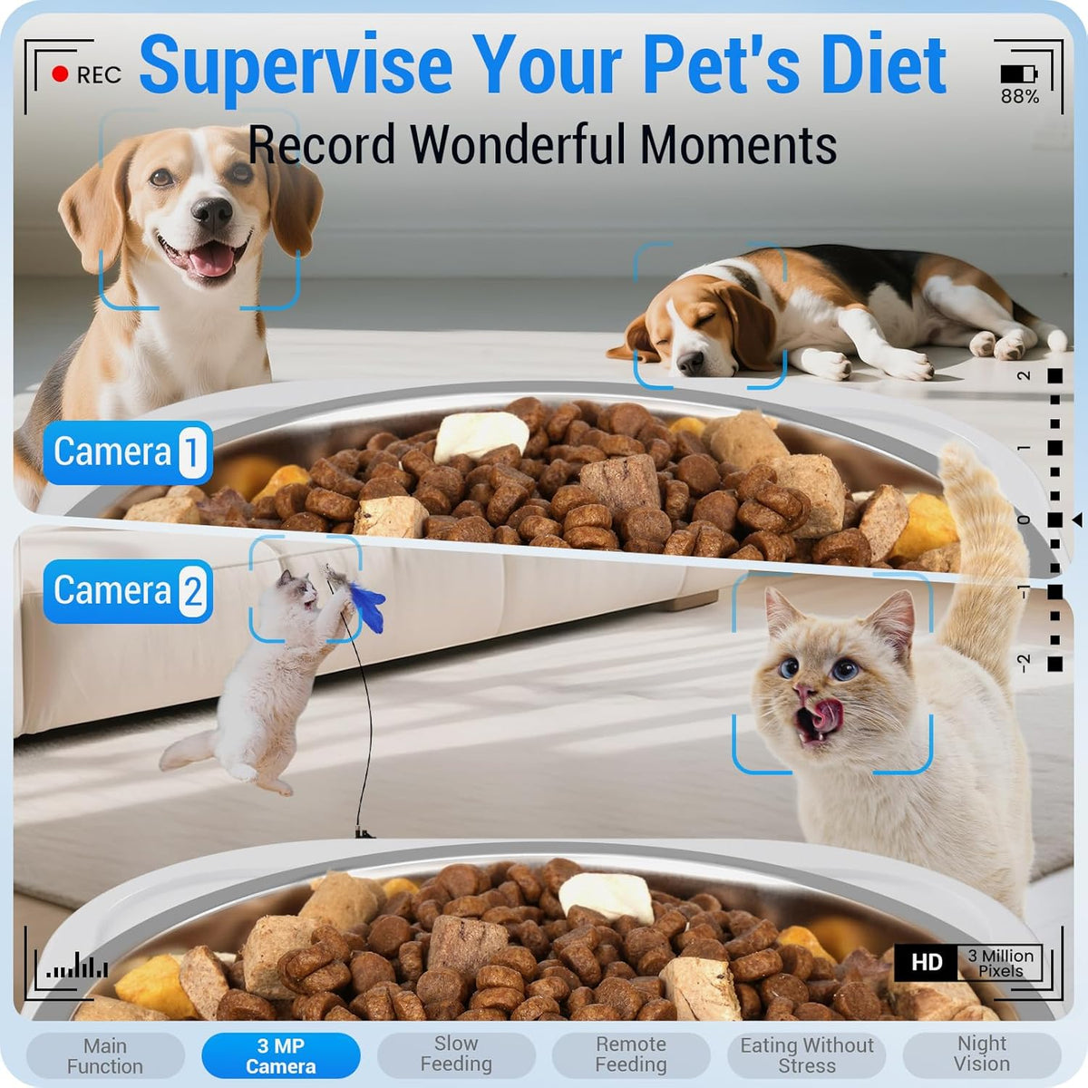 Automatic Cat Feeder with Two HD Camera for 2 Cats: 7L Automatic Dog Feeder with Night Vision &