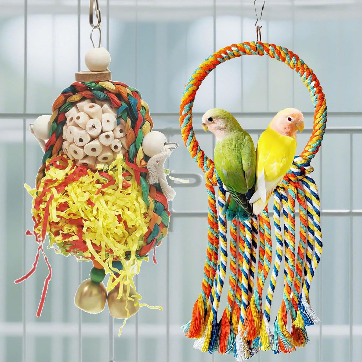 Bird Hoop Swing and Parakeet Toys,Natural Sola Balls and Shredding Hanging Toy,Birds Rope
