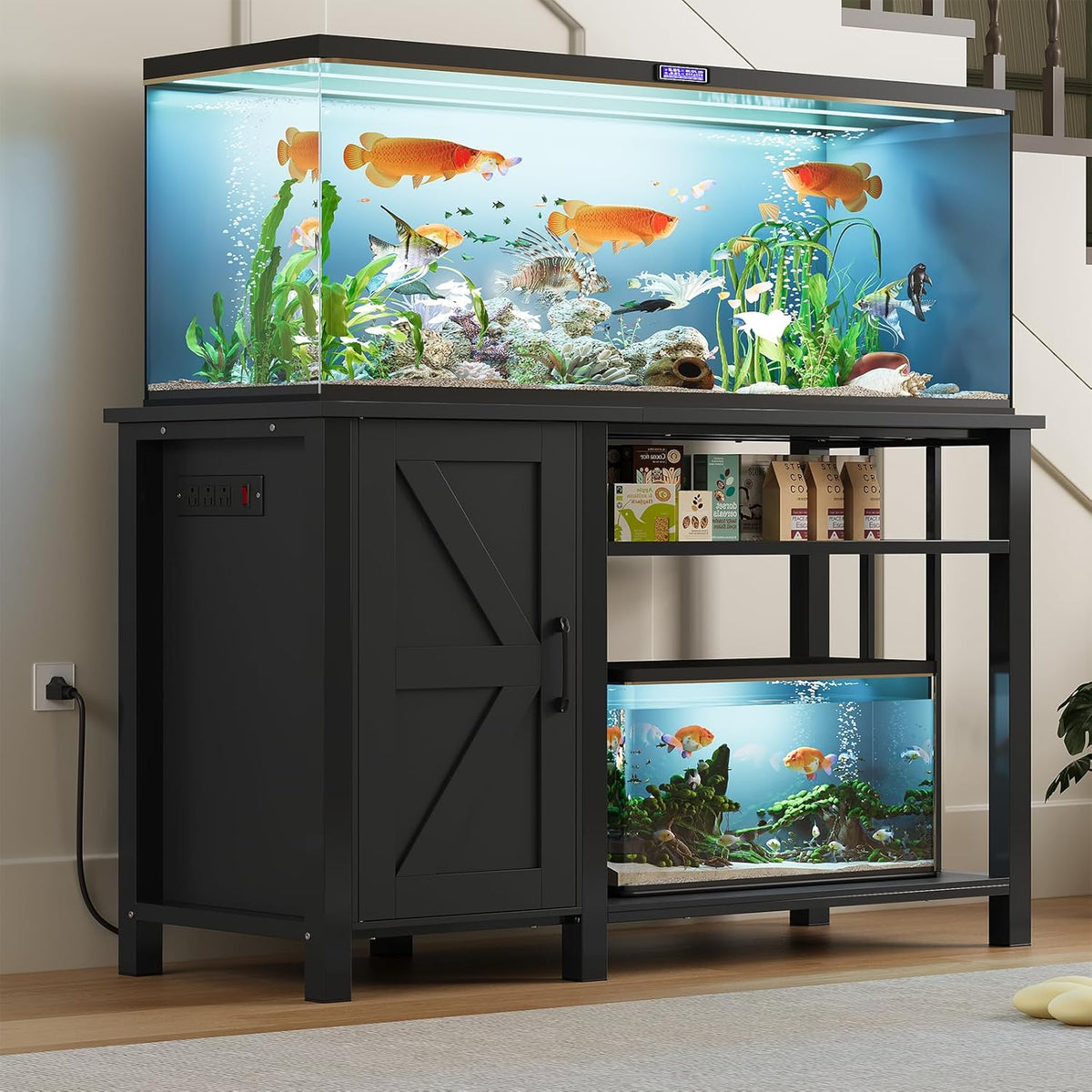 55-75 Gallon Fish Tank Stand with Power Outlet & Adjustable Shelf, Heavy Duty Aquarium Stand with