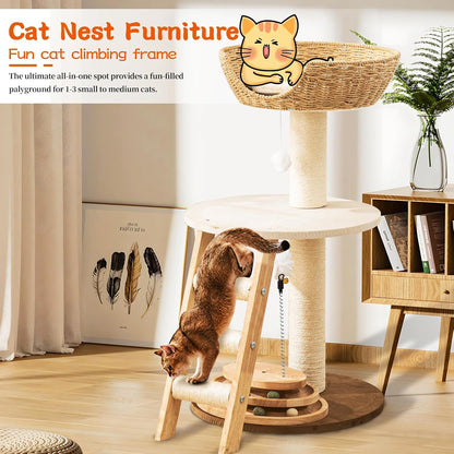 Natural Wood Modern Cat Tree with Top Cats Bed, Unique Cute Cats Furniture Activity Centre with