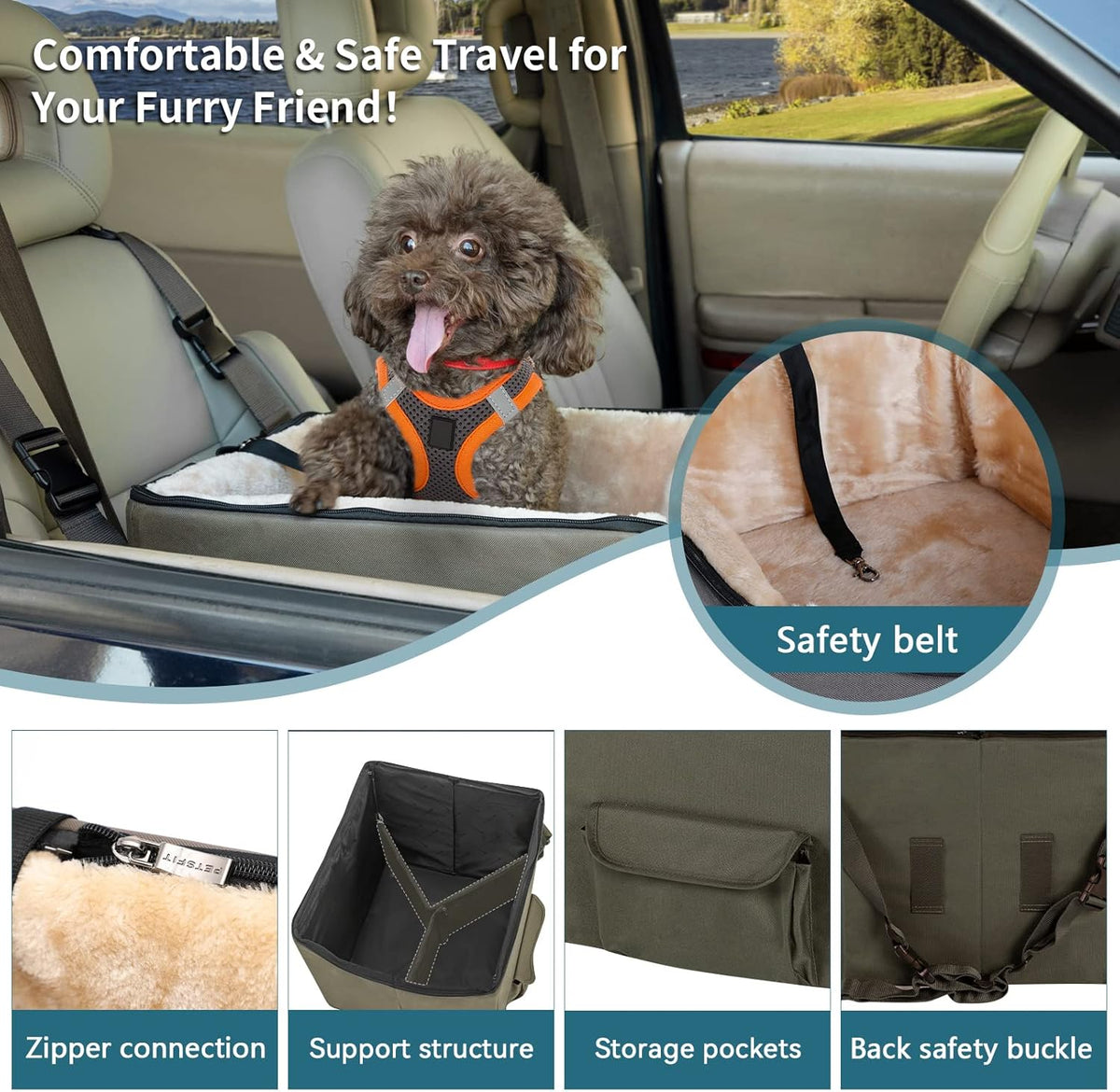 Petsfit Dog Booster Car Seat for Small Dogs, Dog Car Seat with Safety Leash, Suitable for Cars