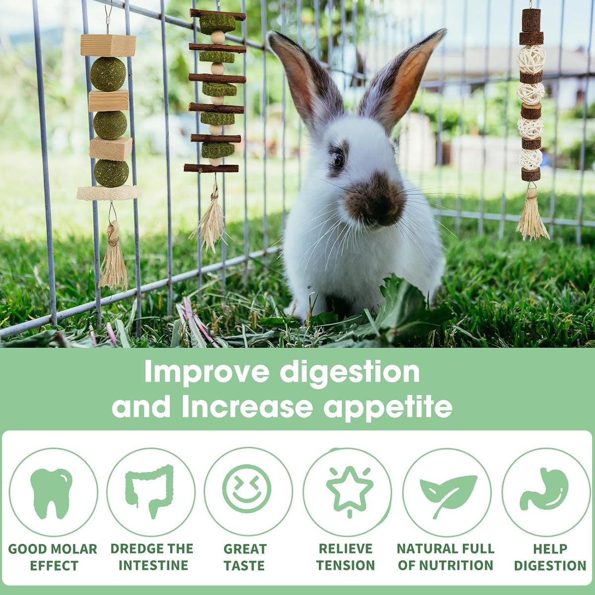WDEFUN 3 PCS Bunny Chew Toys, Natural Hanging Rabbit Chew Toy Treats for Guinea Pigs Hamsters
