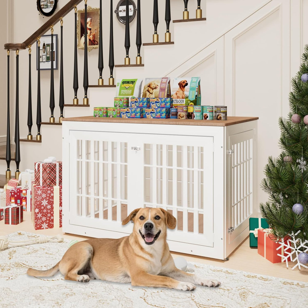 48" Heavy Duty Dog Crate Furniture for Small,Medium and Large Dogs,Rustic Wooden Dog Cage Kennel