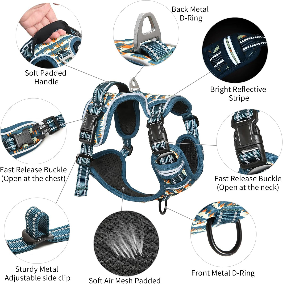 Timos Dog Harness, 3 Snap Buckles No-Pull Soft Padded Dog Vest with 2 Metal Leash Clips, Adjustable