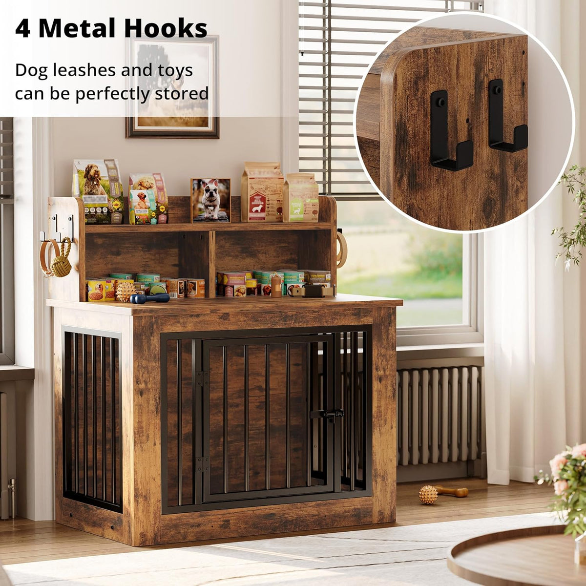 IRONCK Dog Crate Furniture, 33.4 inches Wooden Small Dog Crate with Storage and 4 Hooks, Heavy Duty