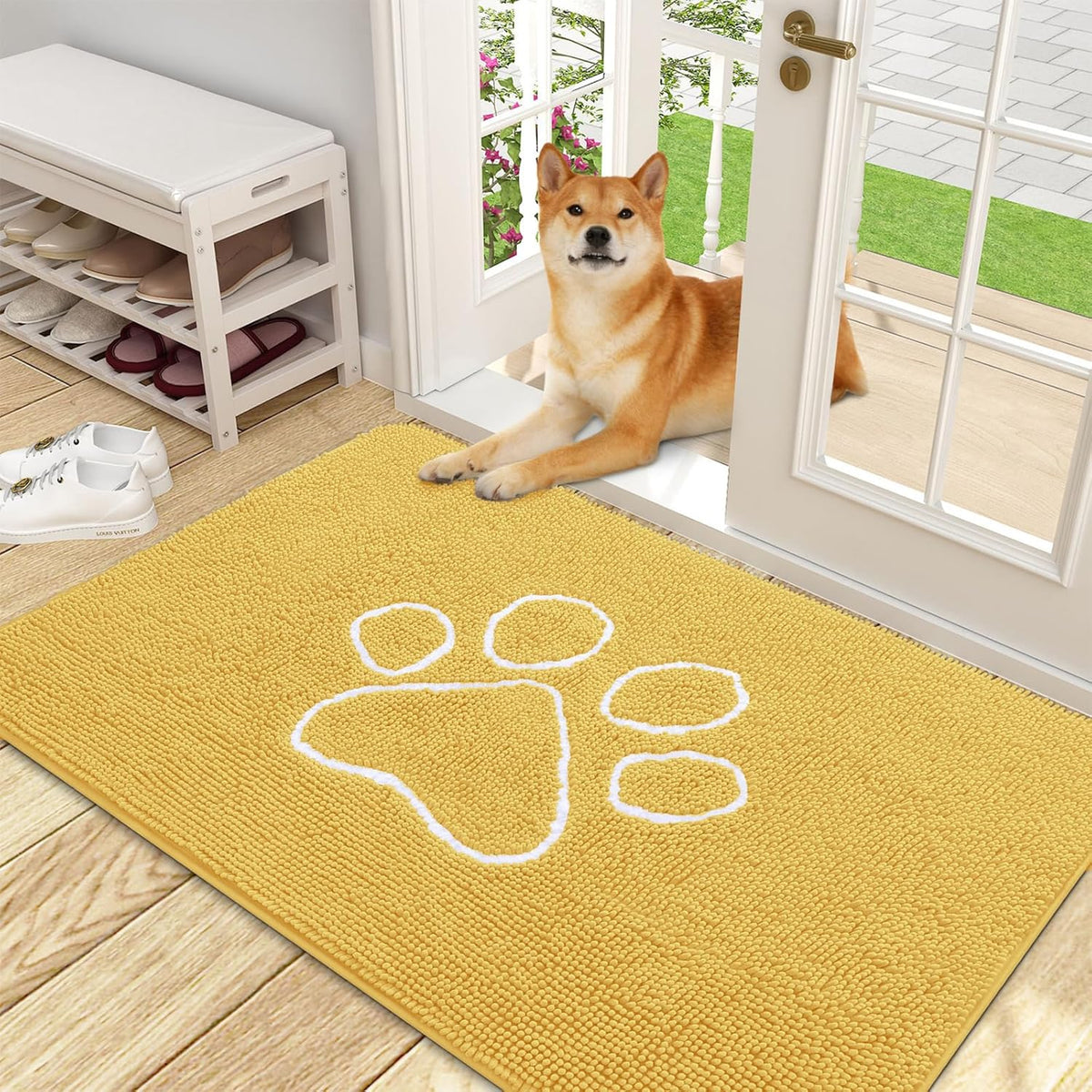 OLANLY Door Mat for Muddy Dog Paws 48x30, Ultra Absorbent Chenille Mud Doormat with Paw Print