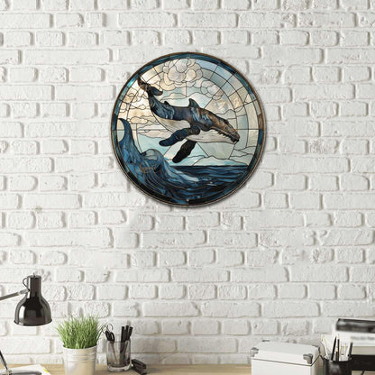 Lygond Metal Sign Tin Sign Circular Stained Glass Whale Bar Sign for Garage 8×8 Inches