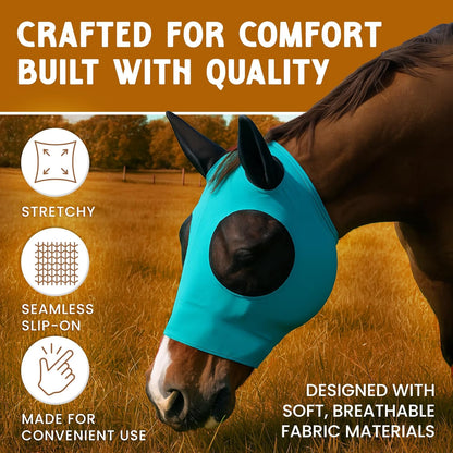 Horse Fly Mask - Durable Equine Fly Mask with Full Coverage for Eye & Ear - Stretchable, UV & Sun