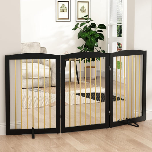 Freestanding Pet Gate for Dogs, Foldable Wooden Dog Gate for House Indoor, Step Over Pet Puppy