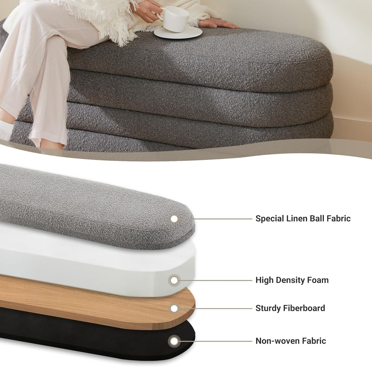 Storage Ottoman Bench 49.2 Inch Upholstered Fabric Storage Bench for Bedroom End of Bed Aesthetic