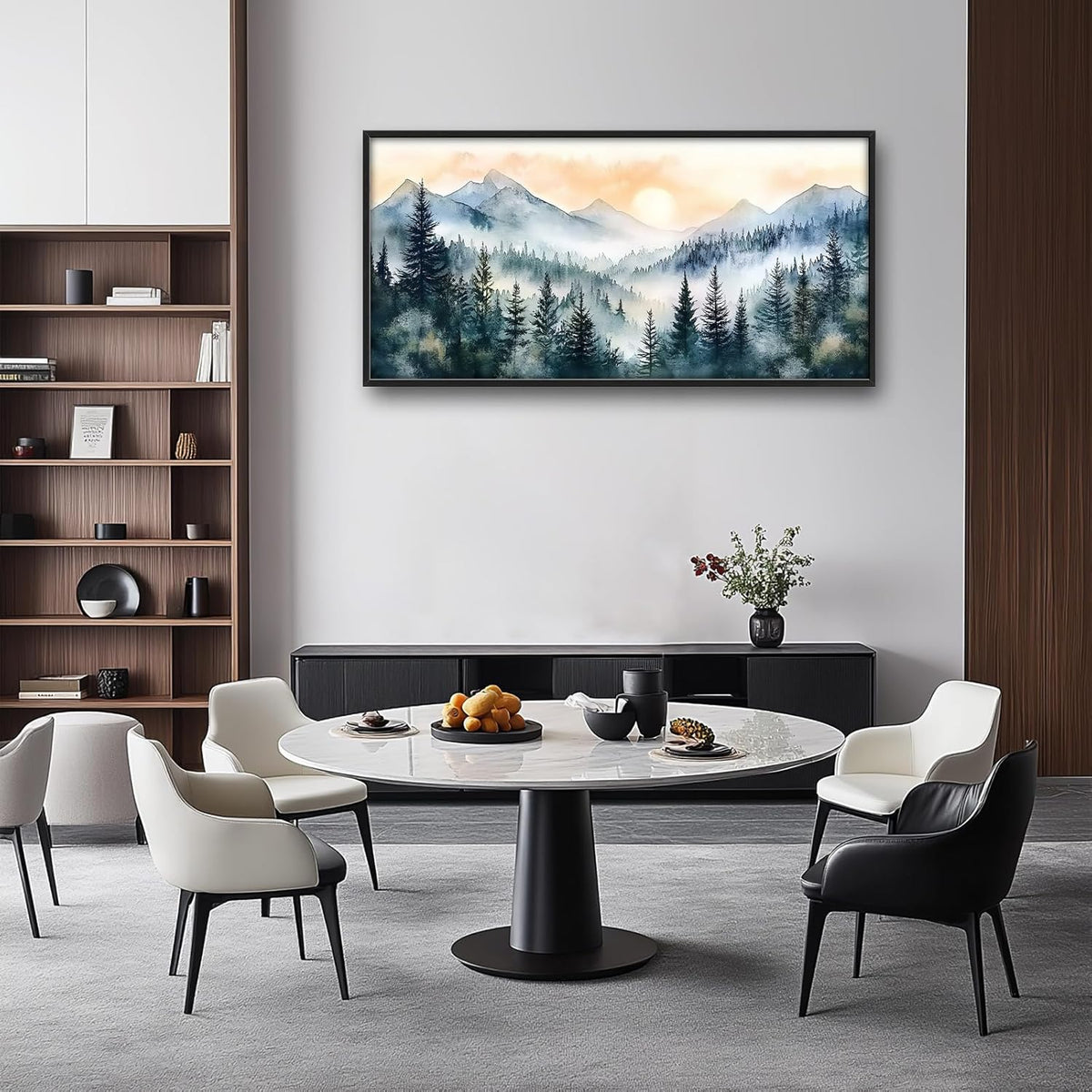 Large Misty Mountain Forest Wall Art for Living Room, Framed Foggy Sunrise Landscape Wall Decor