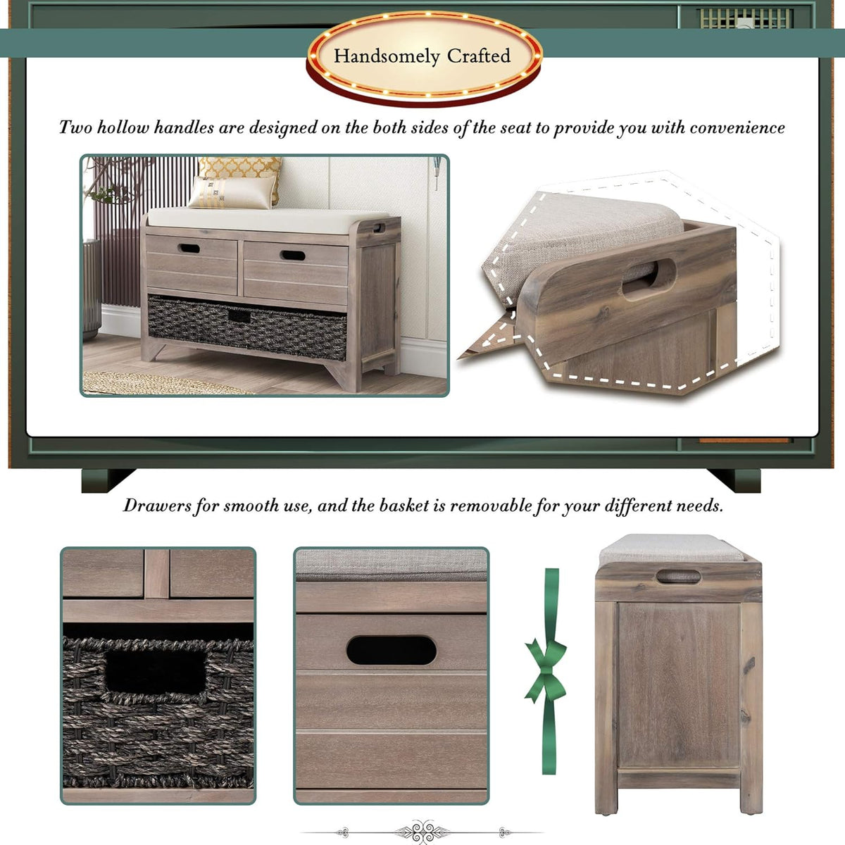 Storage Bench Removable Basket 2 Drawers Fully Assembled Acacia Wood Shoe Bench Standing Shoe Rack