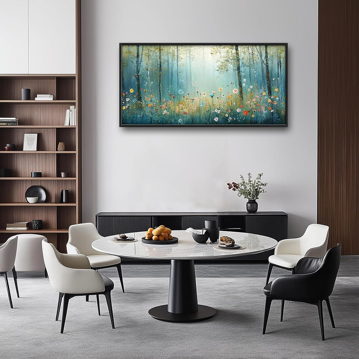 Large Forest Tree Wall Art for Living Room, Framed Oversized Wildflowers Wall Decor, Foggy