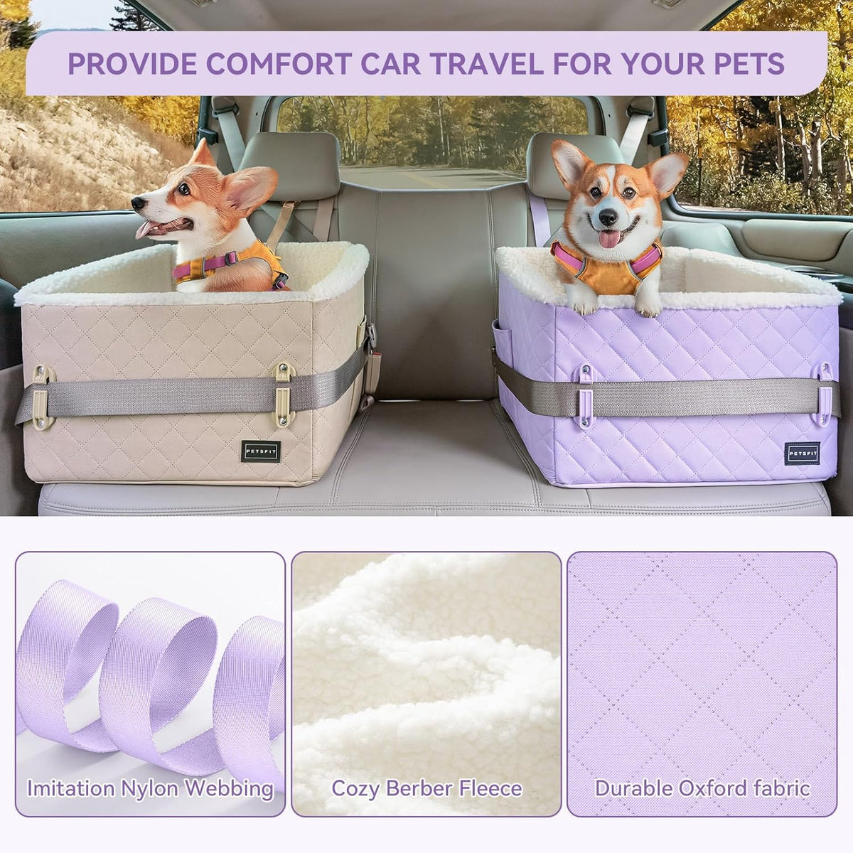 PETSFIT Dog Booster Car Seat, Soft Foam Cat Car Seat with Patented Safety Buckles, Storage Pockets