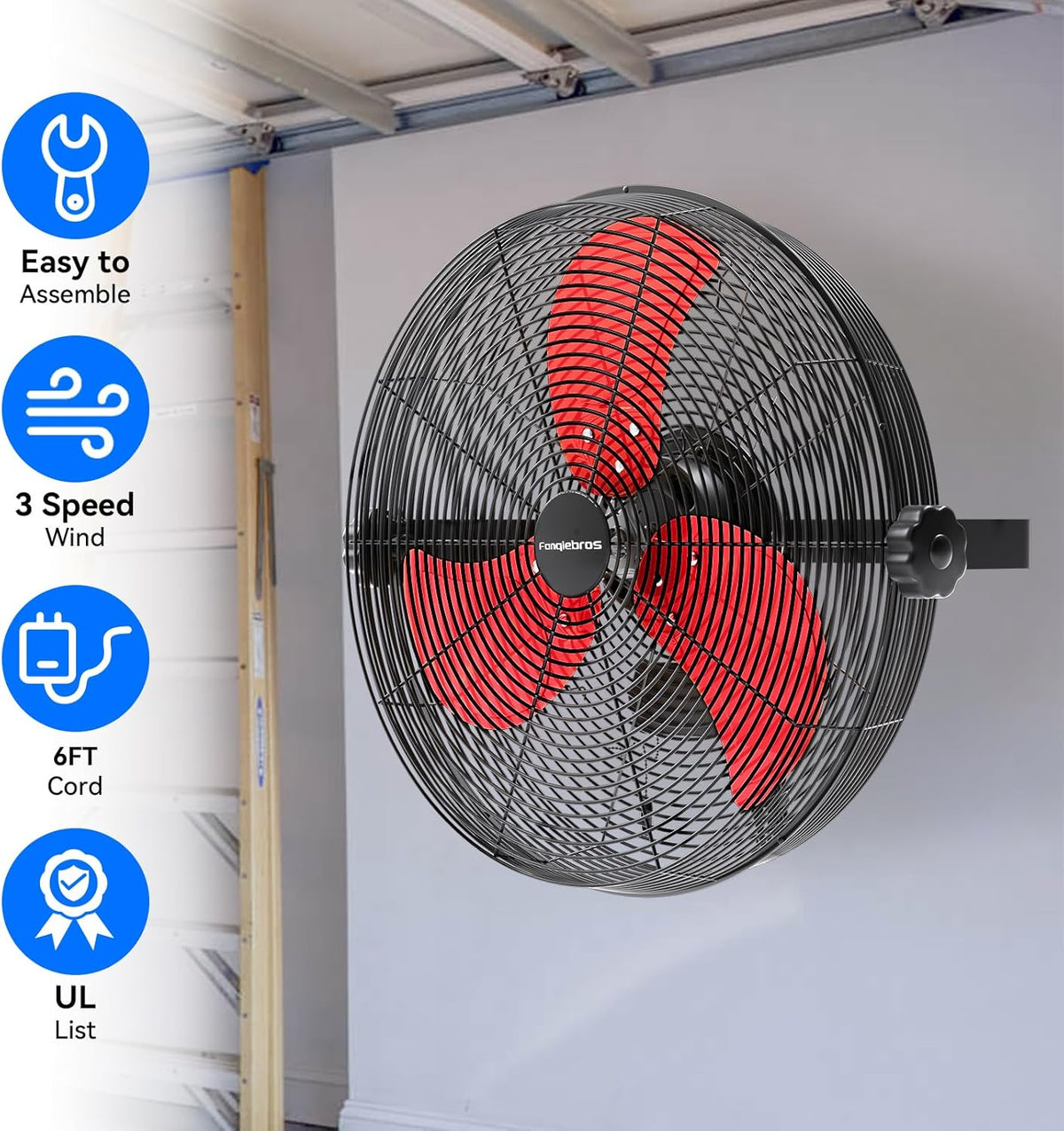 4580 CFM 18 inch High Velocity Wall Mounted Fan, 3-Speed Metal Fan with Sealed Motor, 360 Degree