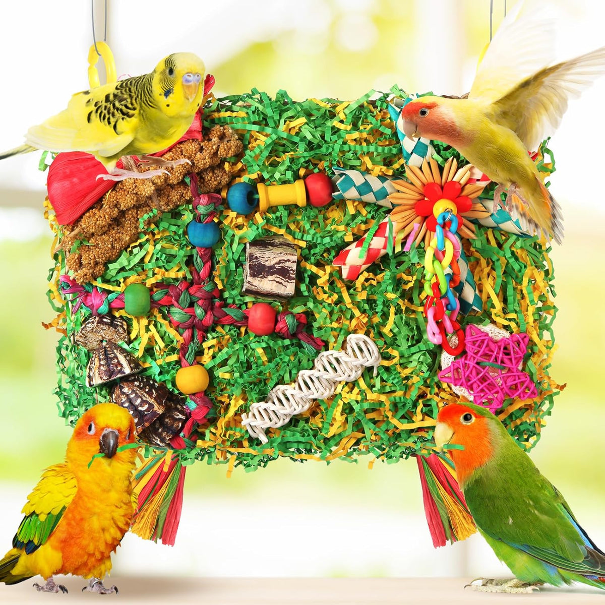 Bird Toys Parakeet Toys,Large-Sized Parrot Foraging & Shredding Cage Hanging Toys with Seagrass Mat