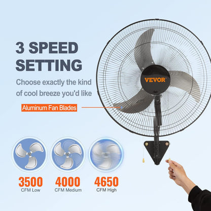 VEVOR 20 inch Wall Mount Fan Oscillating, 3-speed High Velocity Max. 4650 CFM Industrial Wall Fan