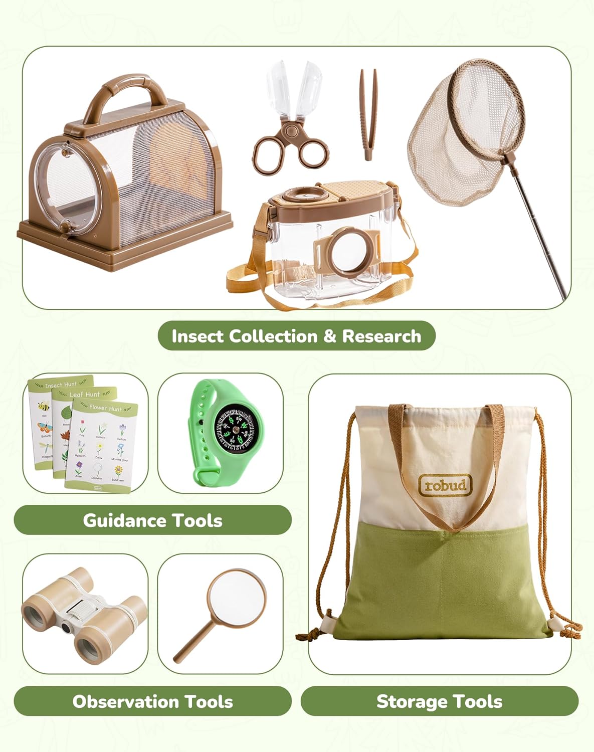 ROBUD Upgraded Kids Explorer Kit, Bug Catcher Kit with Wild Adventure Binoculars, Green Outdoor