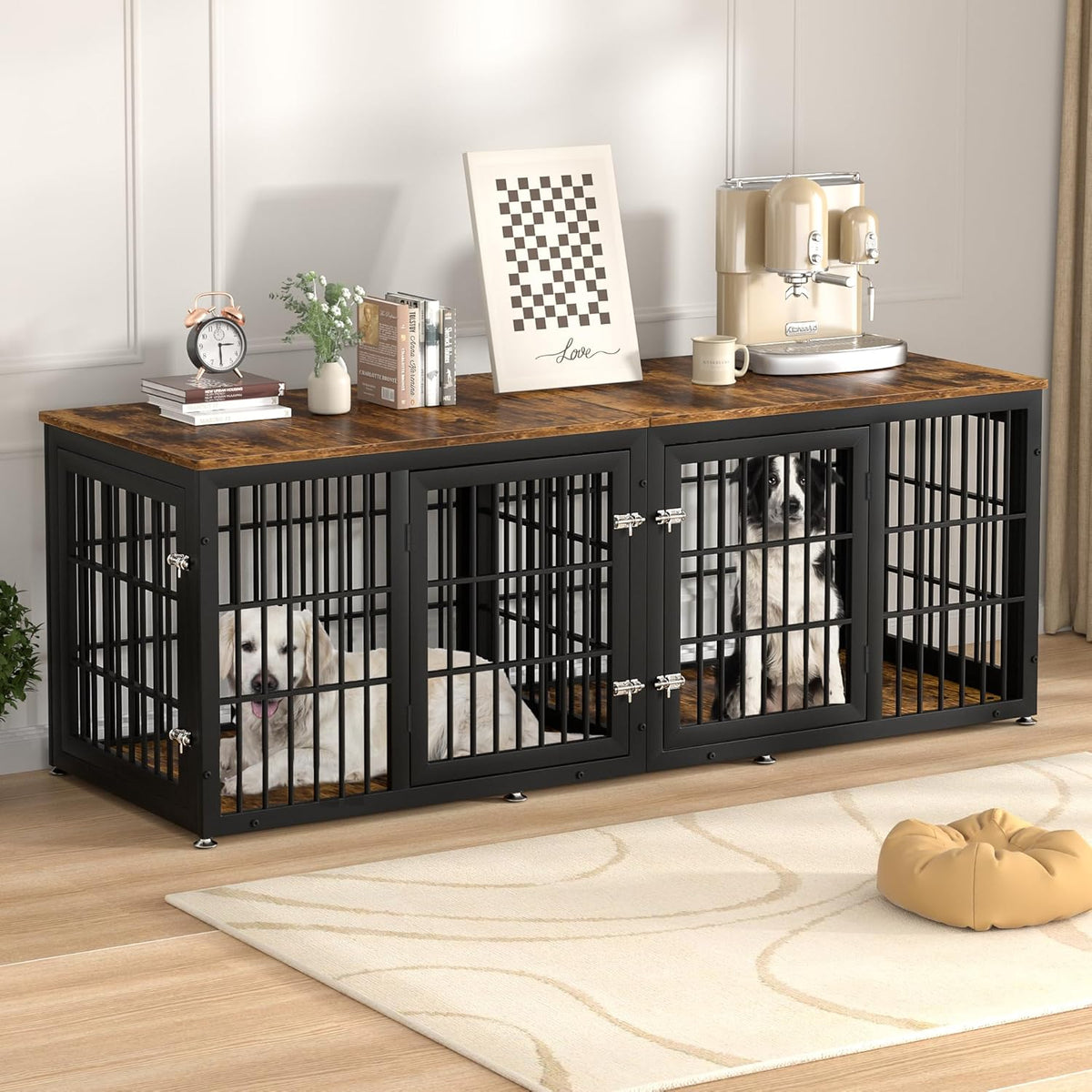 78 Inch Double Dog Crate Furniture, Heavy Duty Extra Large Cage Furniture with Divider for 2 Dogs
