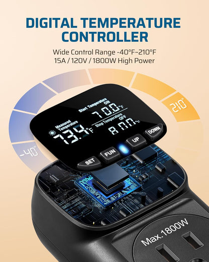 DEWENWILS Digital Temperature Controller, Heavy Duty 15A/1800W Thermostat Outlet Plug, VA Display