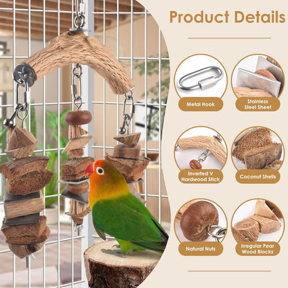 Bird Parrot Toys, Large Birds Wooden Chew Blocks with Stainless Steel Cage Hanging Bite Toy for