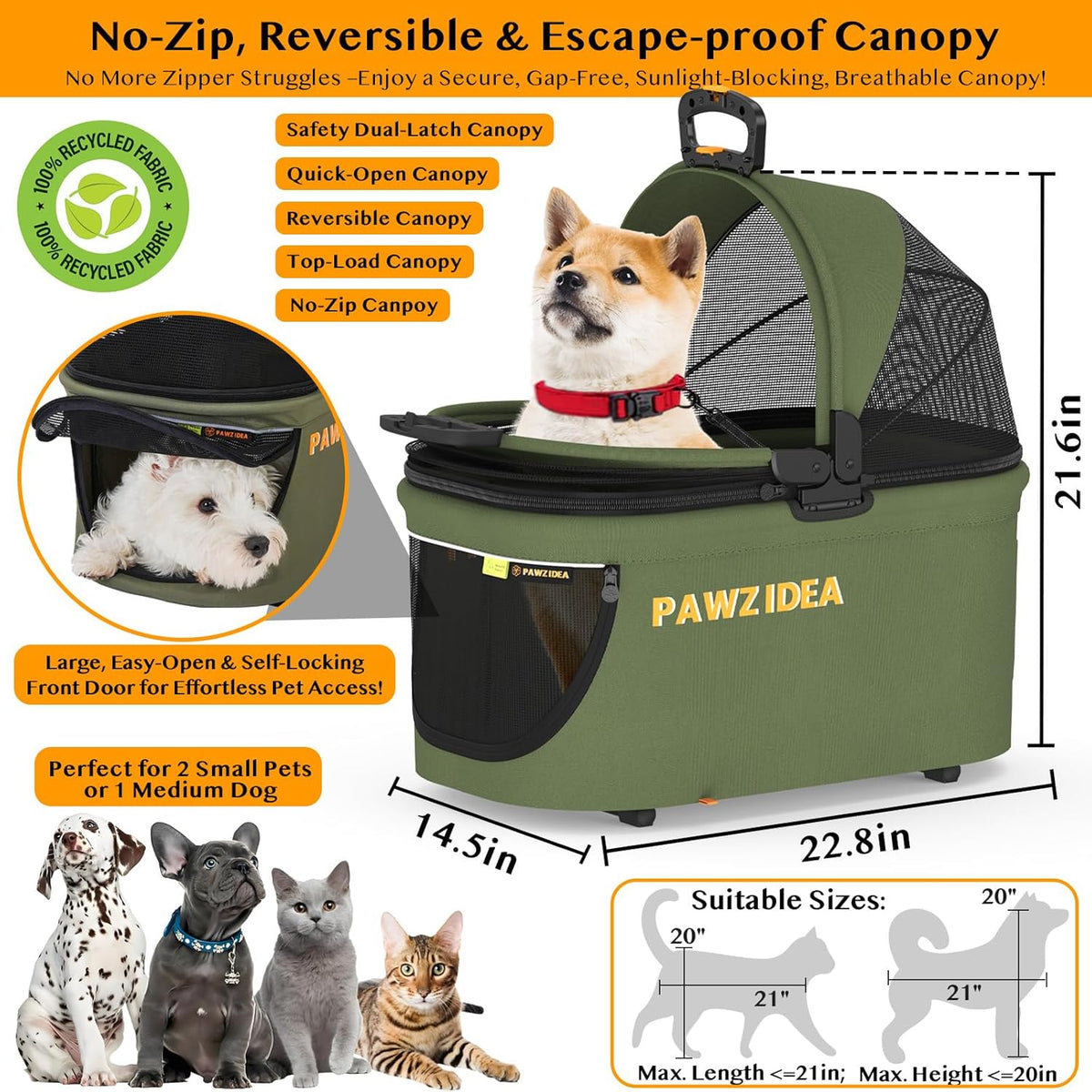 PAWZIDEA Cat Stroller 4 in 1, Pet Stroller for Small/Medium Dogs with Detachable Carrier Easy Lock