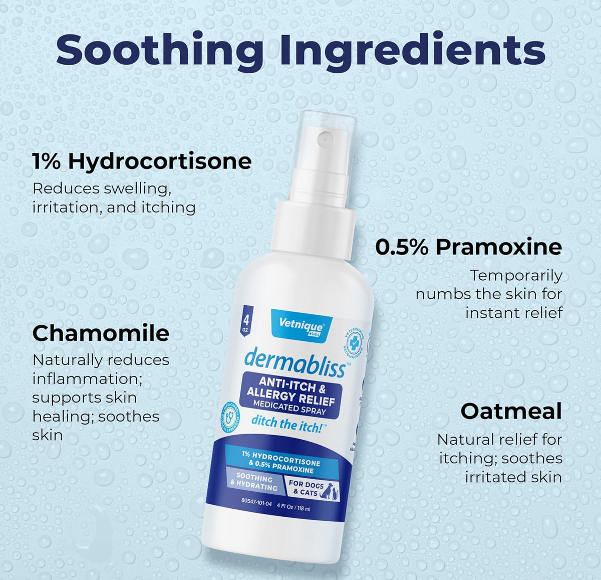 Vetnique Dermabliss Anti Itch Spray for Dogs & Cats with Hydrocortisone for Allergies and Immediate