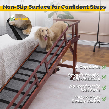 Dog Ramp for Bed or Couch, Wooden Pet Ramp with 20° Gentle Slope, Removable Side Rails, Non-Slip