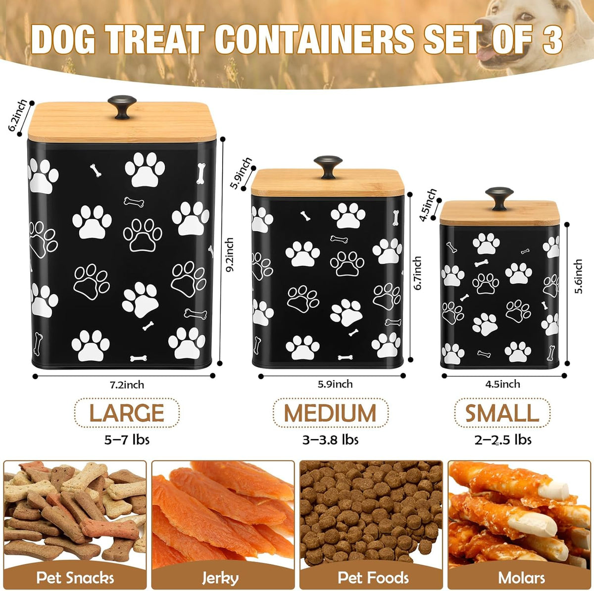 3 Pack Airtight Dog Food Containers with Bamboo Lids, Metal Dog Treat Jars Canisters for Kibble