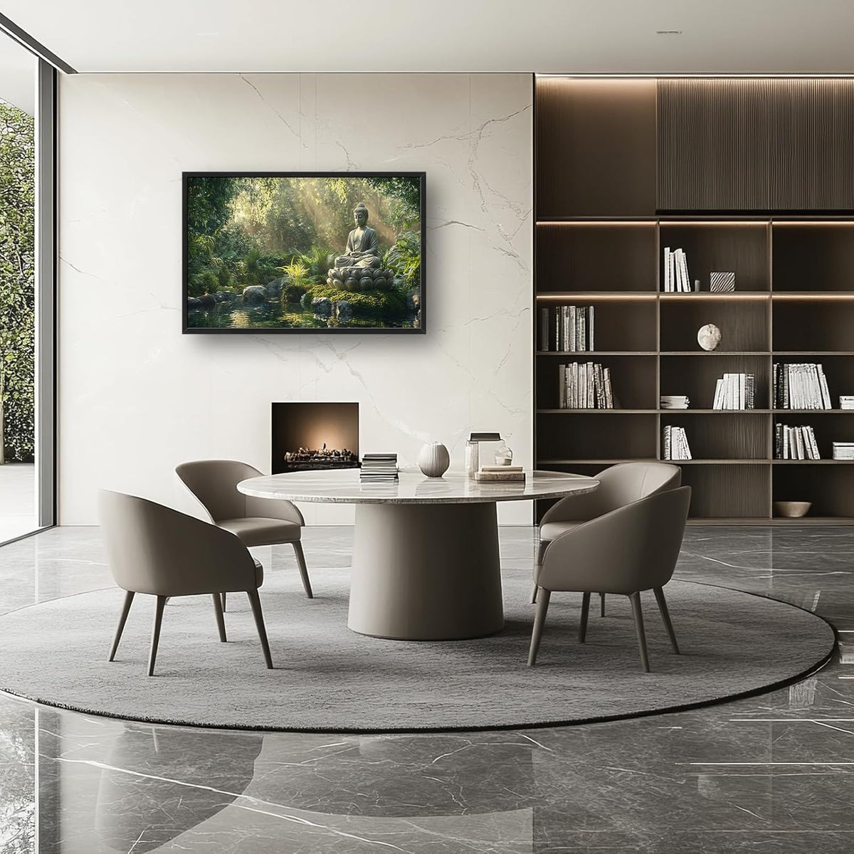 Large Buddha Forest Wall Art for Living Room, Framed Oversized Tree Lake Wall Decor, Nature