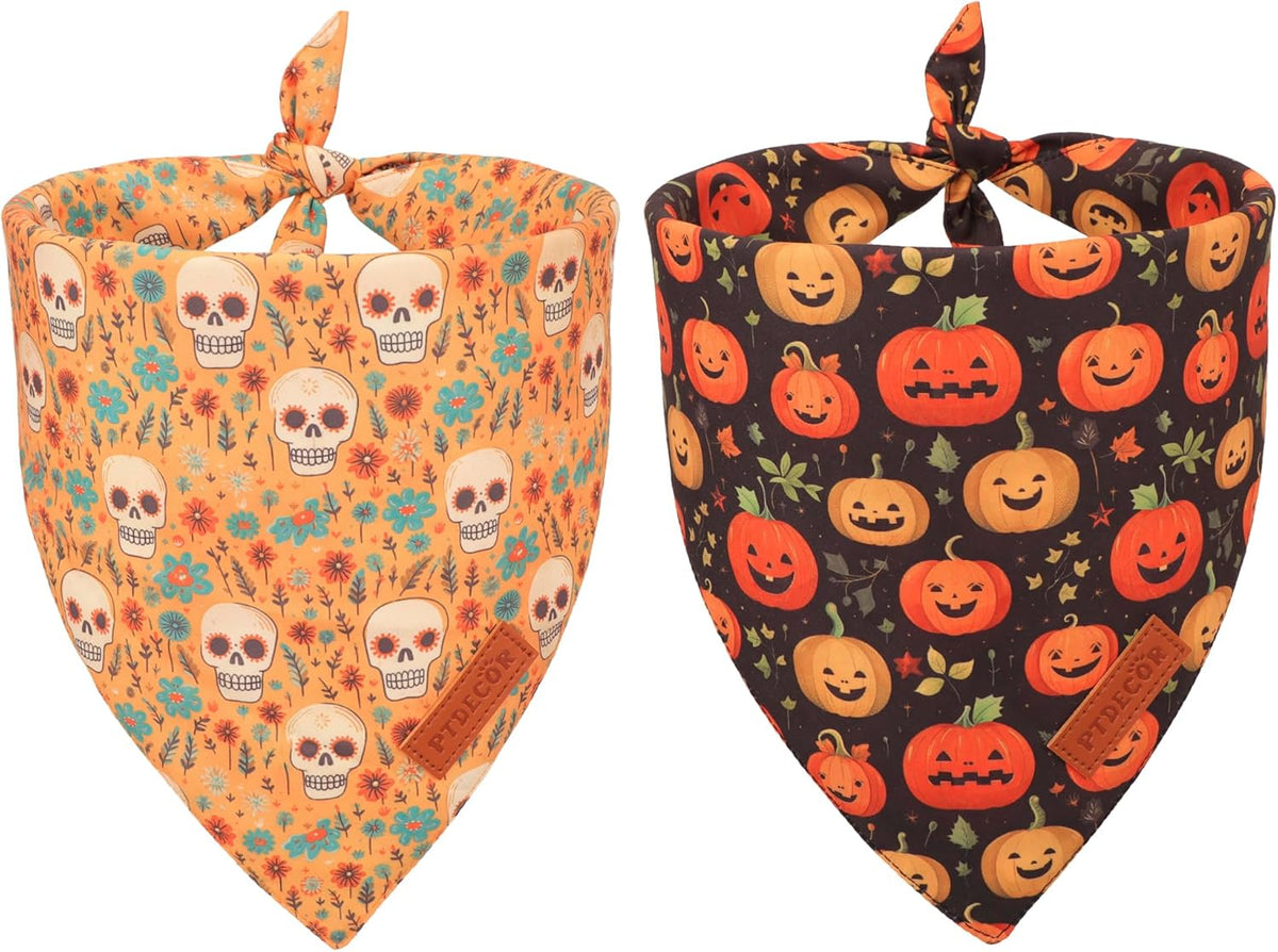 PTDECOR Halloween Dog Bandana, Skeleton Pumpkin Reversible Holiday Dog Scarf, Triangle Halloween