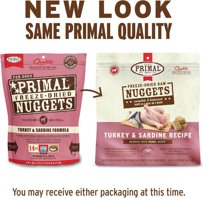 Primal Freeze Dried Raw Dog Food Nuggets, Turkey & Sardine, Complete & Balanced Meal, Also Use as