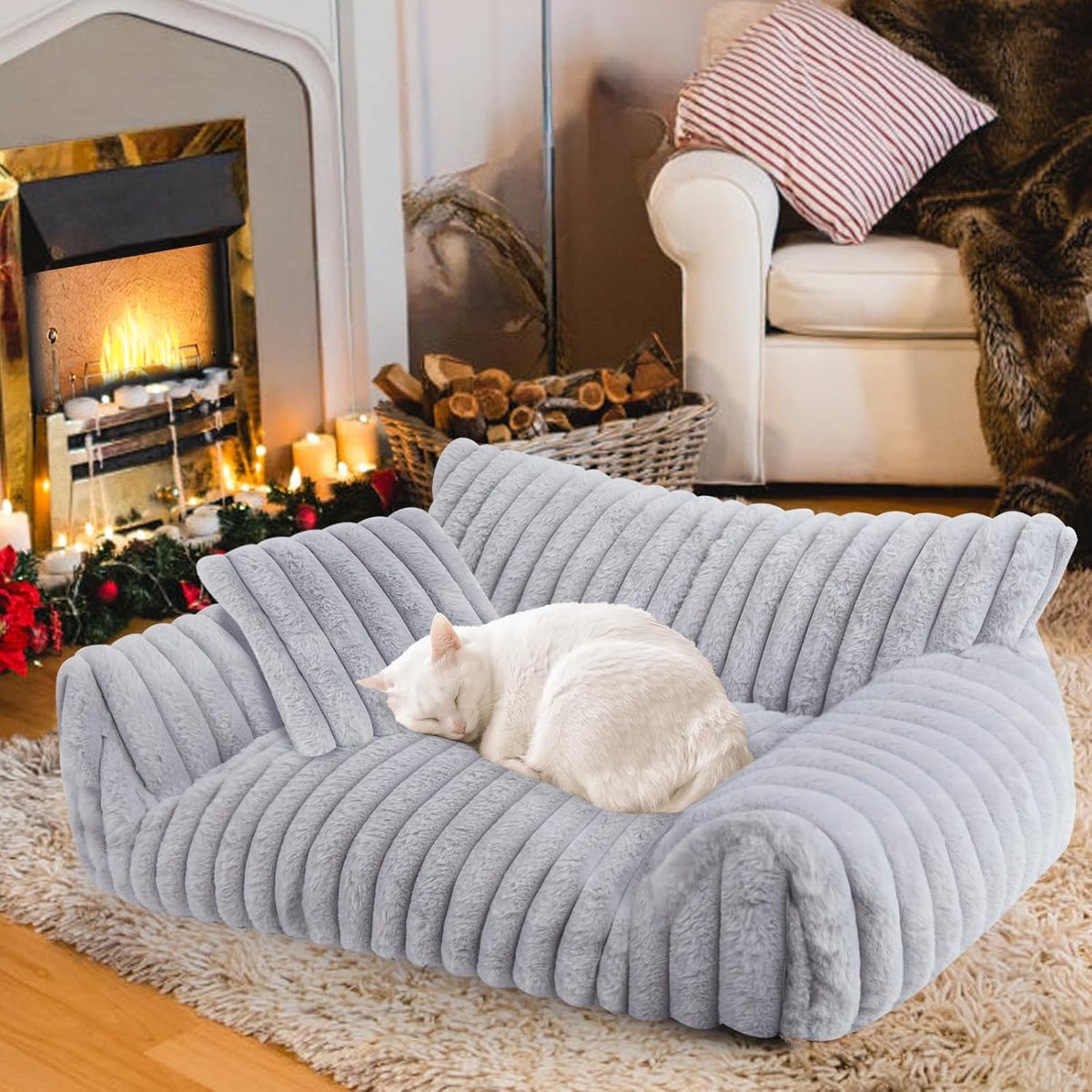 Cute Cat Couch Bed for Indoor Cats, Fluffy Pet Cat Sofa with Premium Soft Corduroy Fleece, Cute