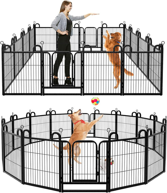 Puppy Playpen 16 Panels Small Dog Fence Outdoor Indoor Use 24" Height Anti-Rust with Doors Portable