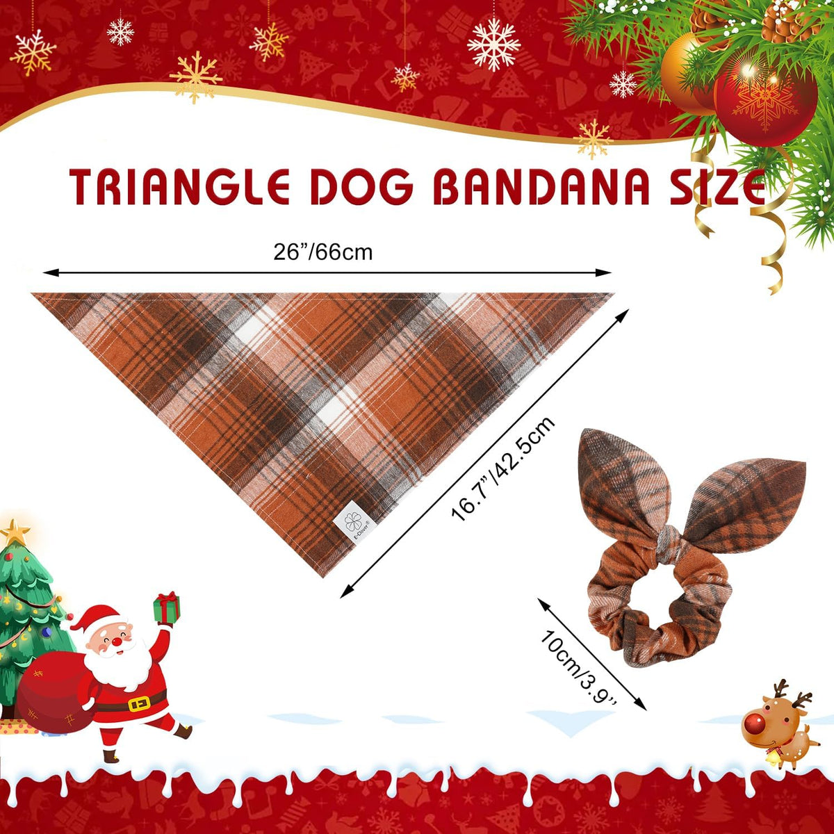 E-Clover Brown Plaid Dog Bandana & Matching Scrunchie-Fall Dog Bandana Triangle Plaid Pet Scarf Bib