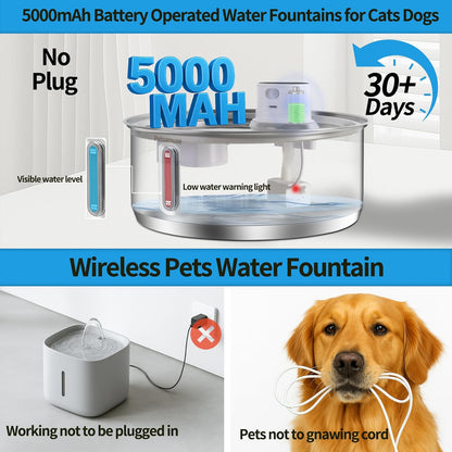 Wireless Dog Water Fountain, 2.1Gal/8L Battery Operated Stainless Steel Pet Water Fountain Motion