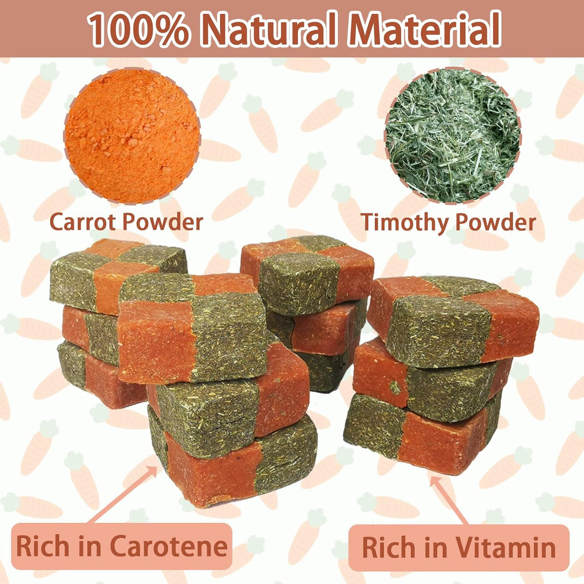 Fhiny 12 PCS Rabbit Carrots Chew Toys, Natural Timothy Hay Biscuit Cubes Rabbit Carrot Molar Treats