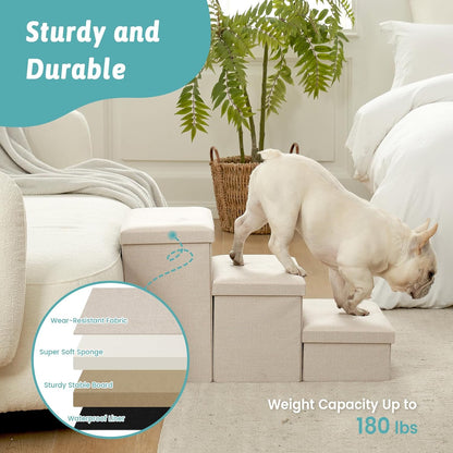 Dog Stairs with Storage, 3-Step Wider Sturdy Dog Steps for Small/Medium/Large Dogs and Older Cats