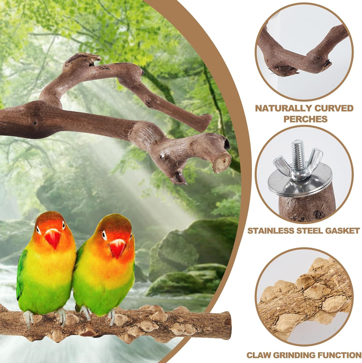 6-Piece Bird Perch Set - Natural Wood Grape Sticks, Paw Grinding Forks, Bird Stand & Toys for