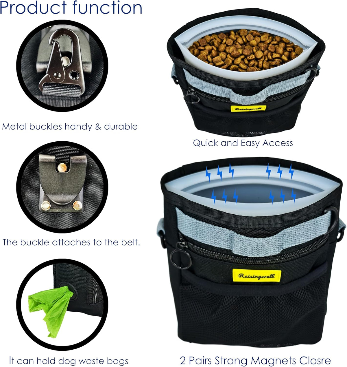 Dog Treat Pouch with Magnetic Closure 4-Cup Silicone Bag Fanny Pack Holder with Clicker 4 Ways to