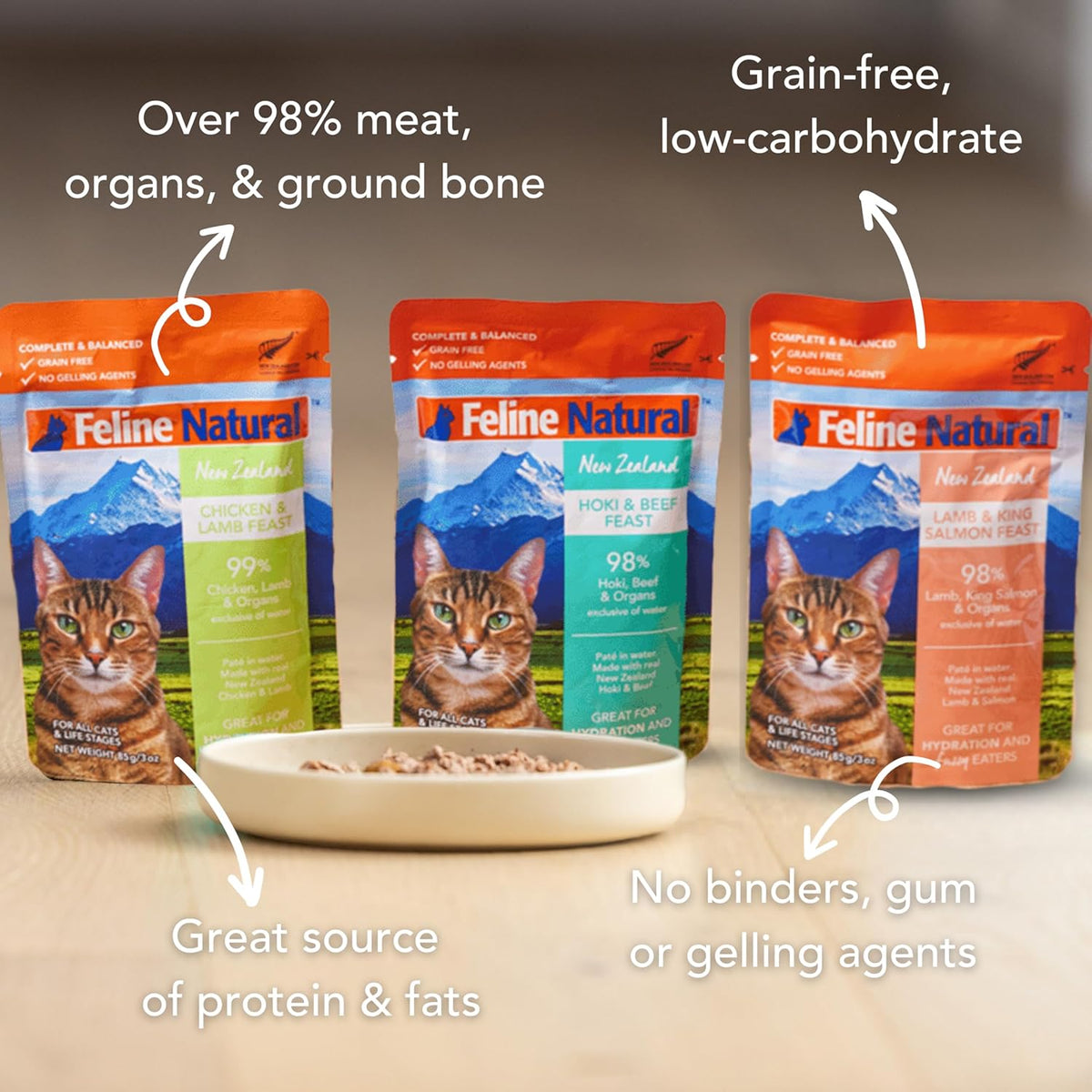 Feline Natural Wet Cat Food Variety Pack - Chicken, Lamb, Salmon & Beef Feast, Grain-Free, 3oz
