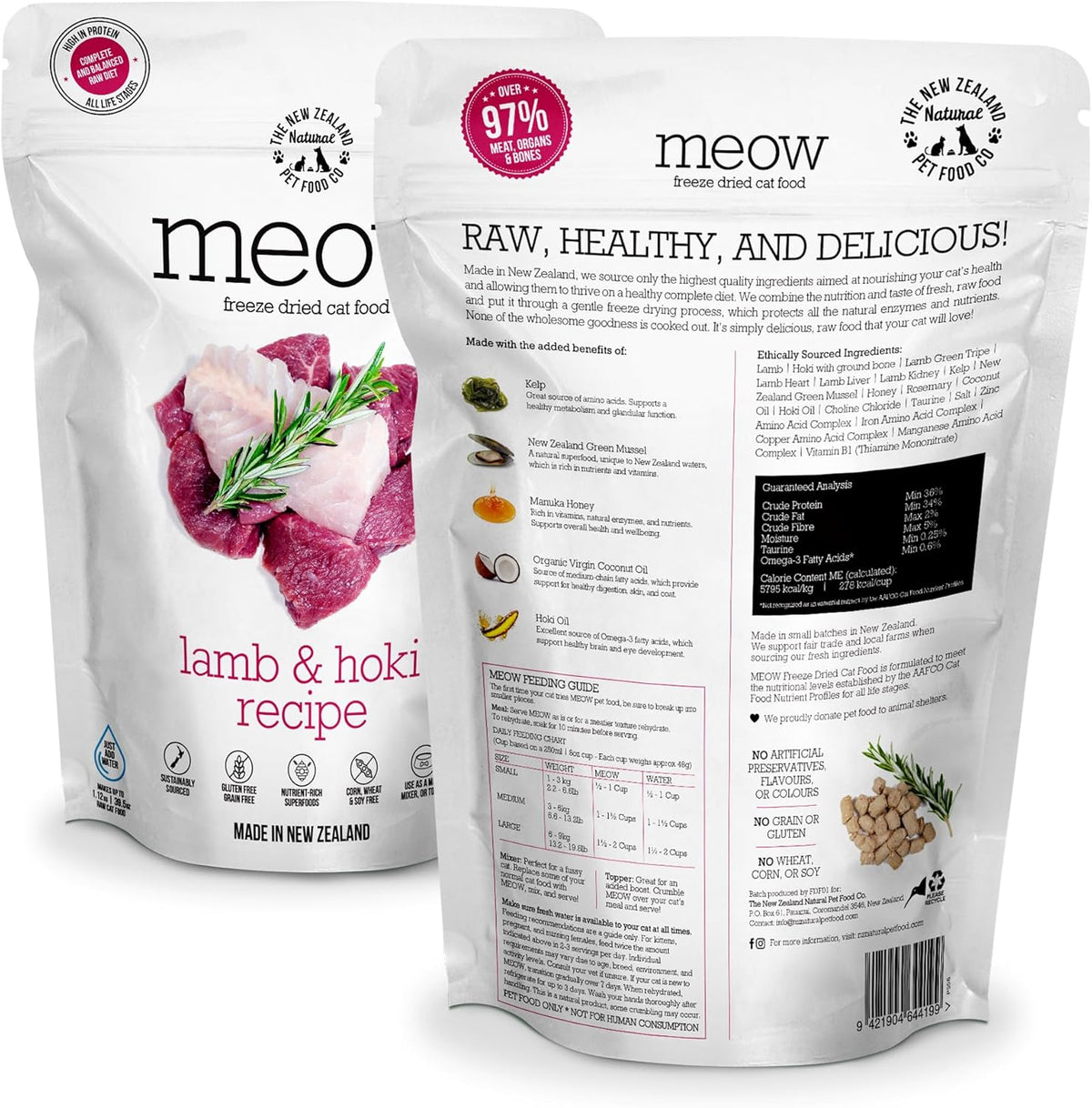 Meow Lamb & Hoki Freeze Dried Raw Cat Food, Mixer, or Topper, or Treat - High Protein, Natural